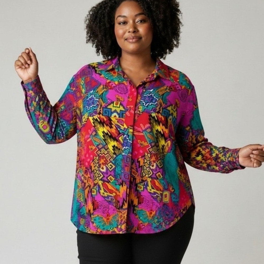 Vintage Jerri Sherman Silk Blouse 14 Colorful Southwestern Geometric 80s 90s